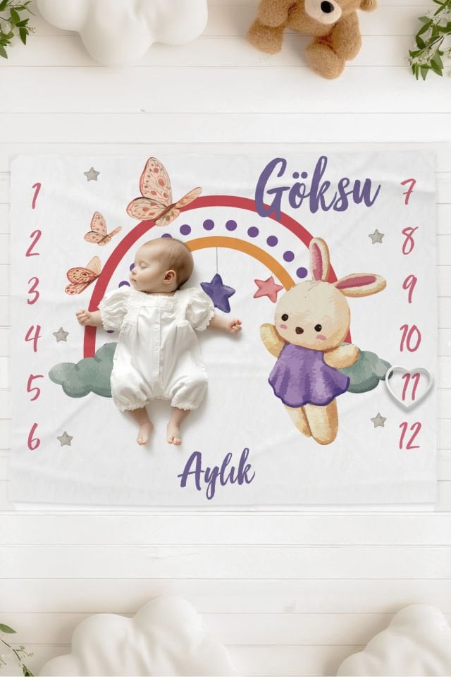 %100 Pamuk İsme Özel Bebek Fotoğraf Çekim Anı Örtüsü (120x100 cm) Tavşan ve Kelebekler