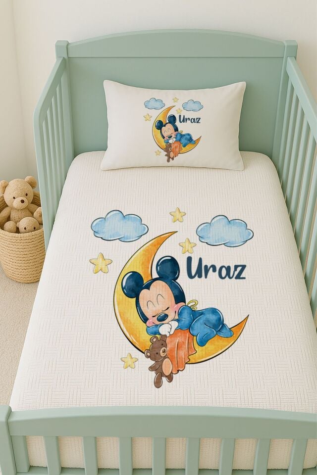 %100 Pamuk İsme Özel İsimli 100x150 cm Pike Seti Ayda Uyuyan Mickey