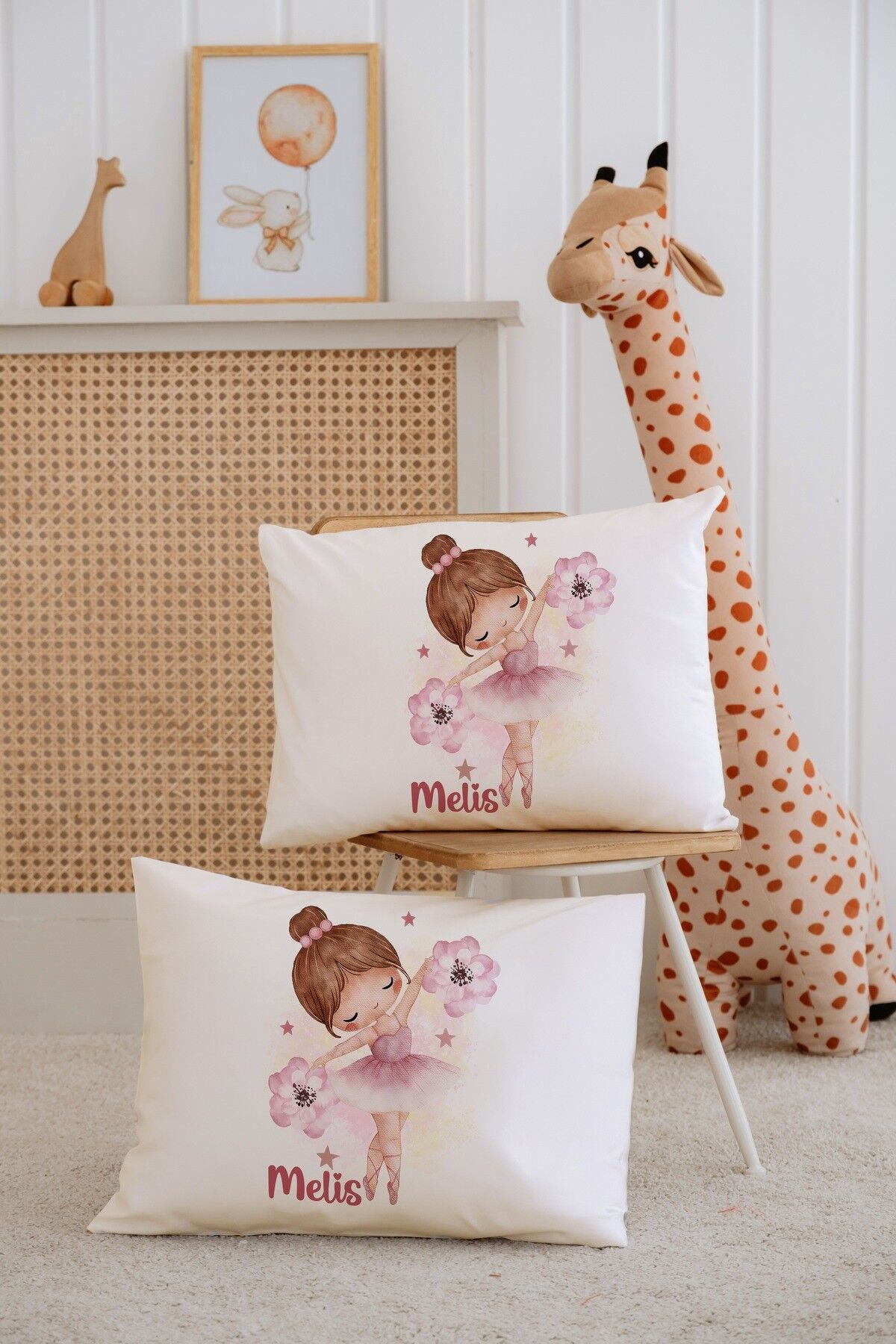 %100 Pamuk İsme Özel 2li Ekru Bebek Yastık Kılıfı 35x45 cm-Balerin