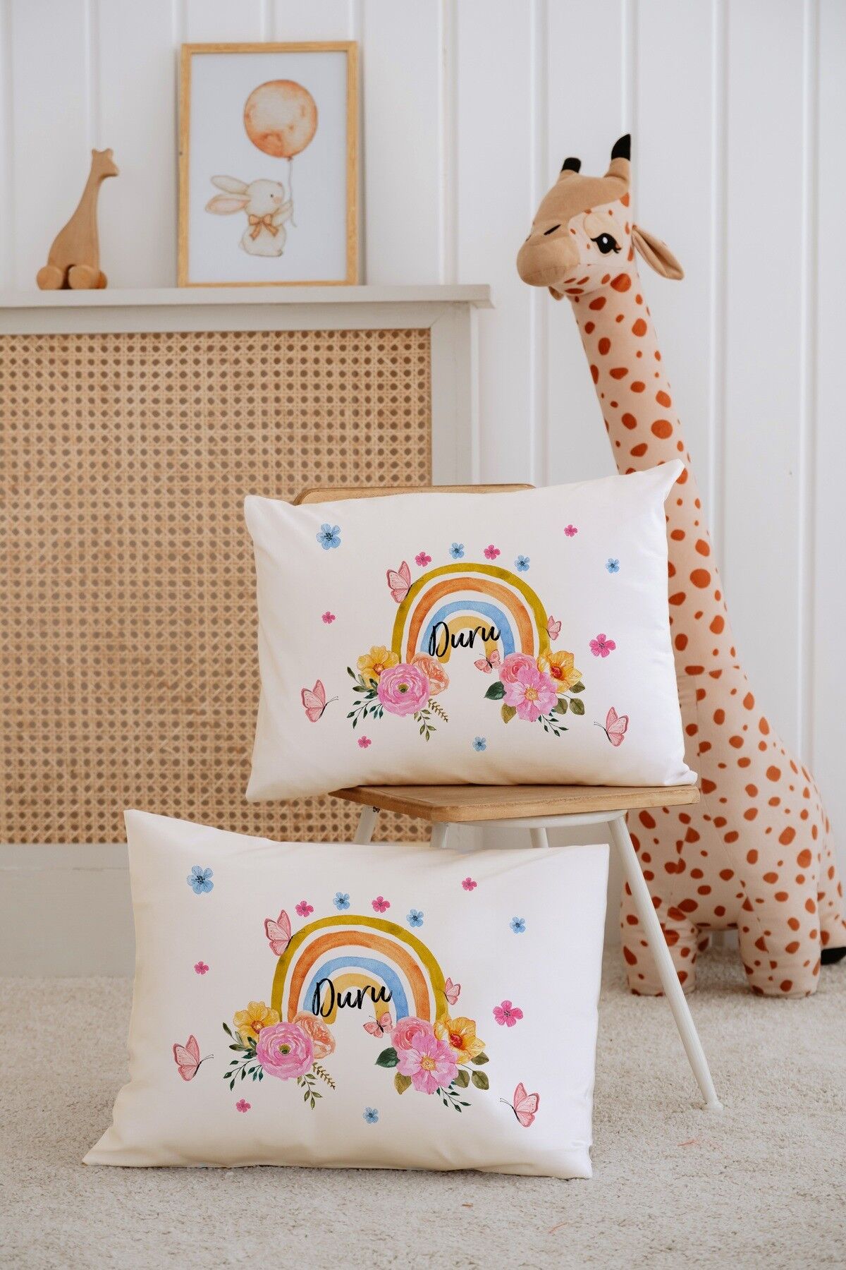 %100 Pamuk İsme Özel 2li Ekru Bebek Yastık Kılıfı 35x45 cm-Gökkuşağı