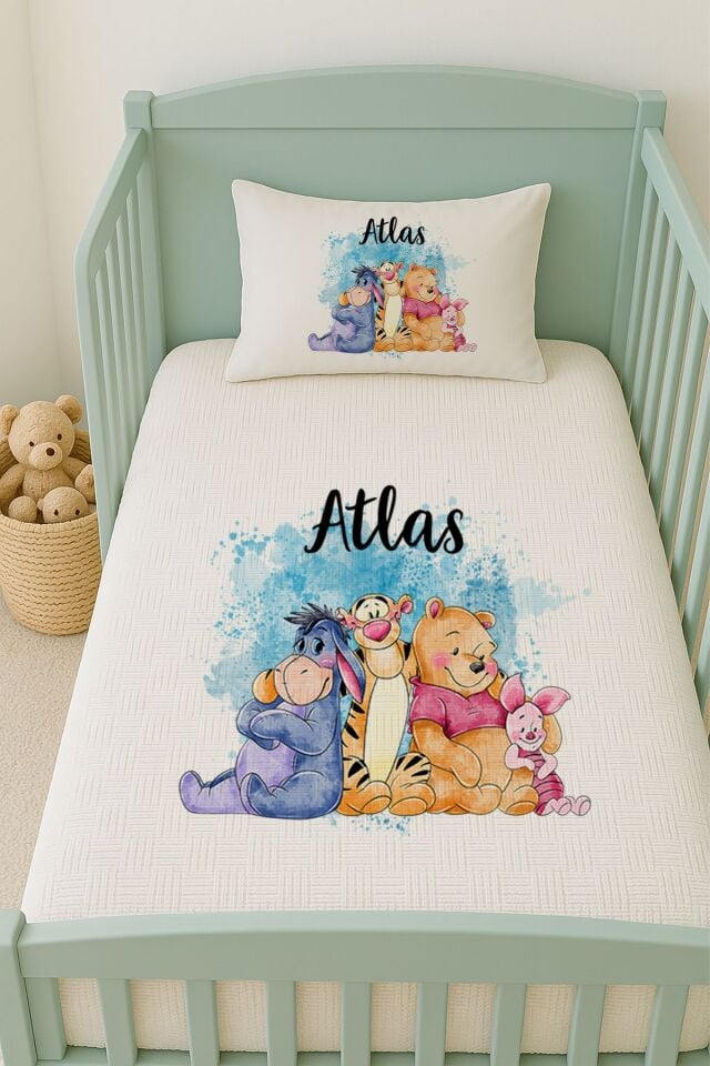 %100 Pamuk İsme Özel İsimli 100x150 cm Pike Seti Winnie the Pooh