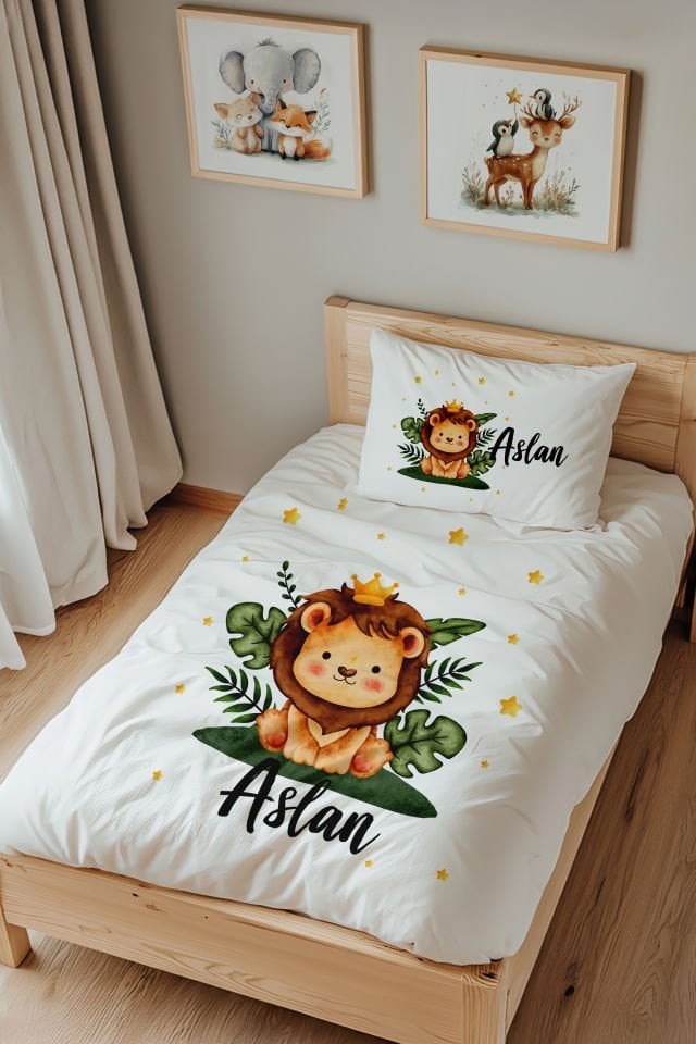 İsme Özel Tek Kişilik %100 Pamuk Çocuk Nevresim Takımı (160x220 cm) Aslan