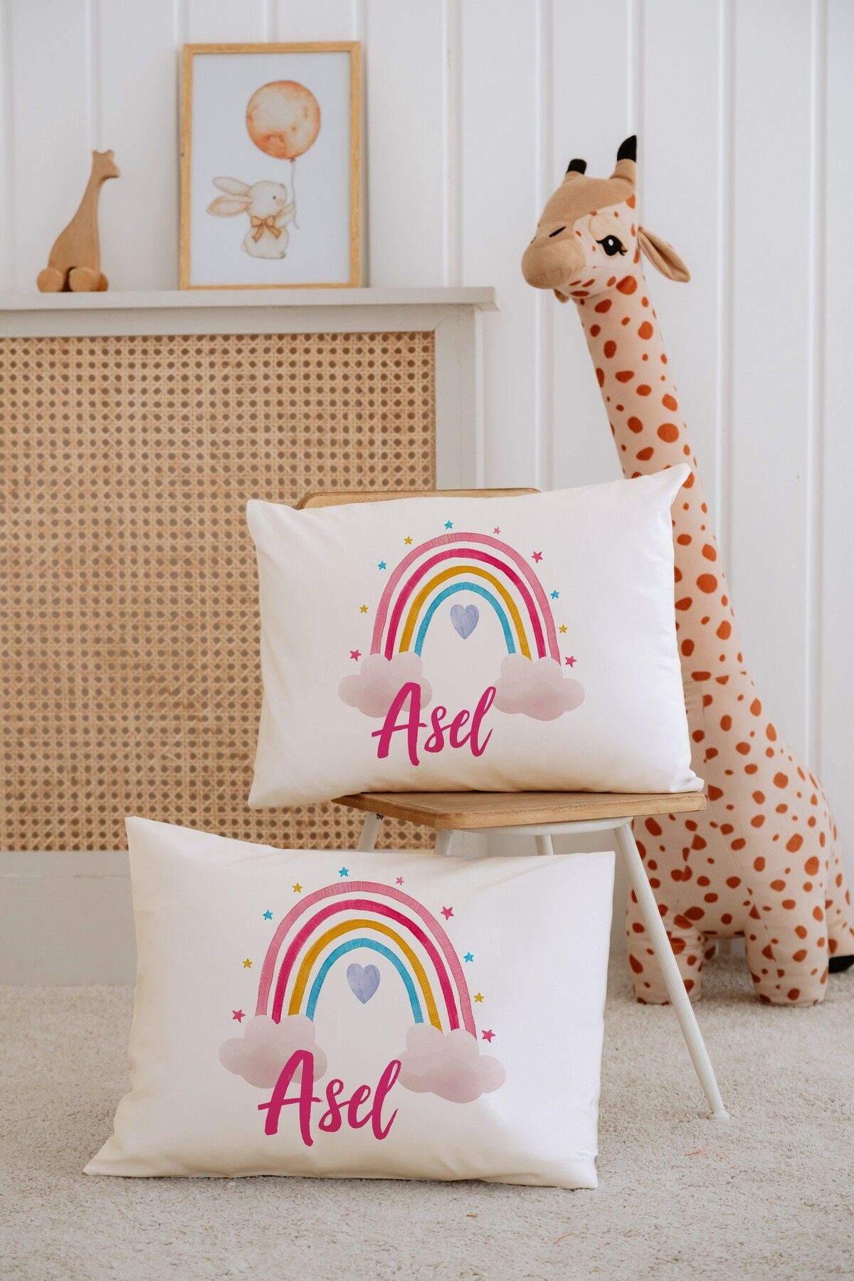 %100 Pamuk İsme Özel 2li Ekru Bebek Yastık Kılıfı 35x45 cm-Gökkuşağı