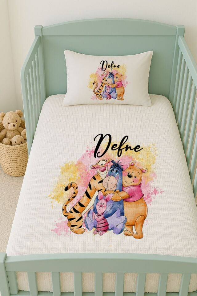 %100 Pamuk İsme Özel İsimli 100x150 cm Pike Seti Winnie ve Arkadaşları