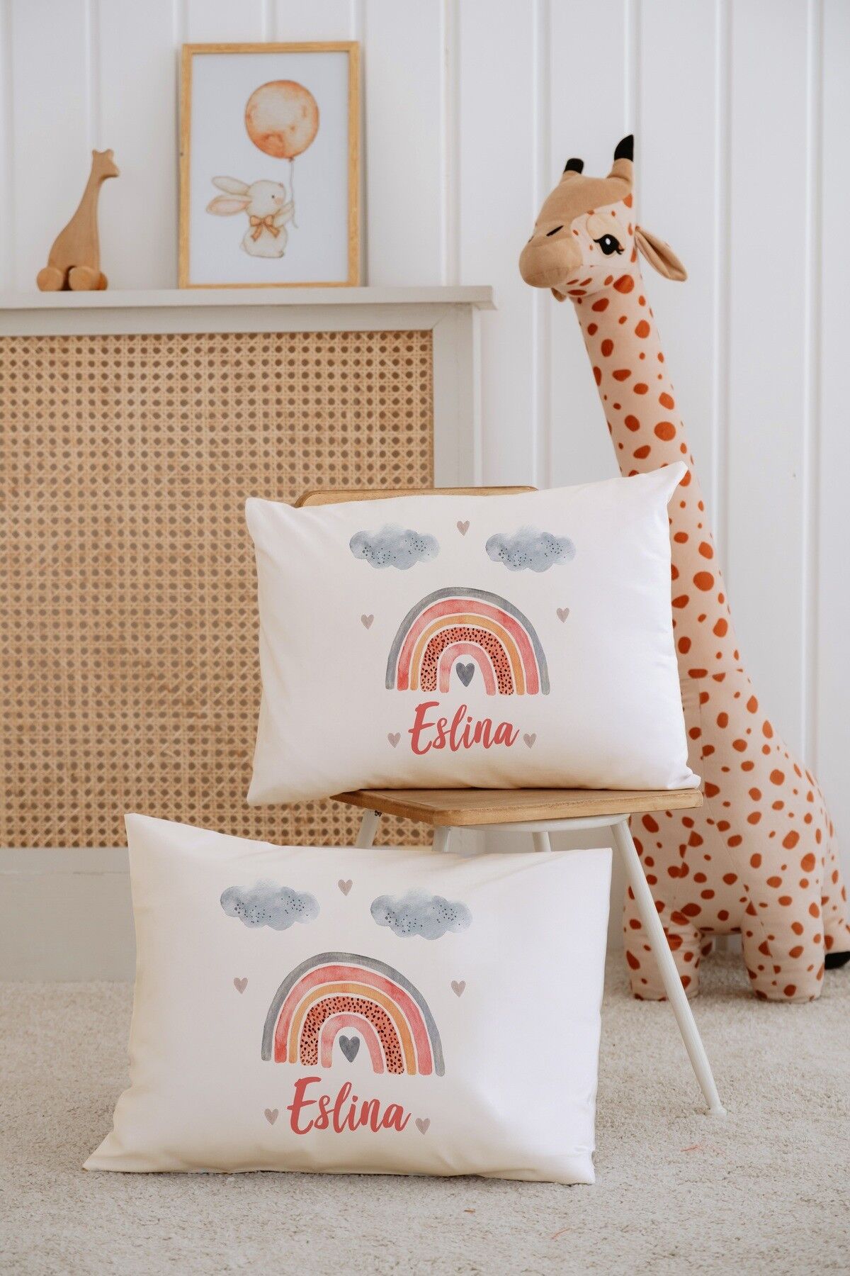 %100 Pamuk İsme Özel 2li Ekru Bebek Yastık Kılıfı 35x45 cm-Gökkuşağı