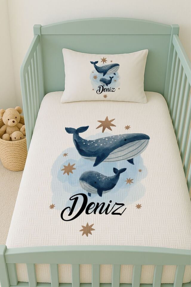 %100 Pamuk İsme Özel İsimli 100x150 cm Pike Seti Balina ve Yavrusu