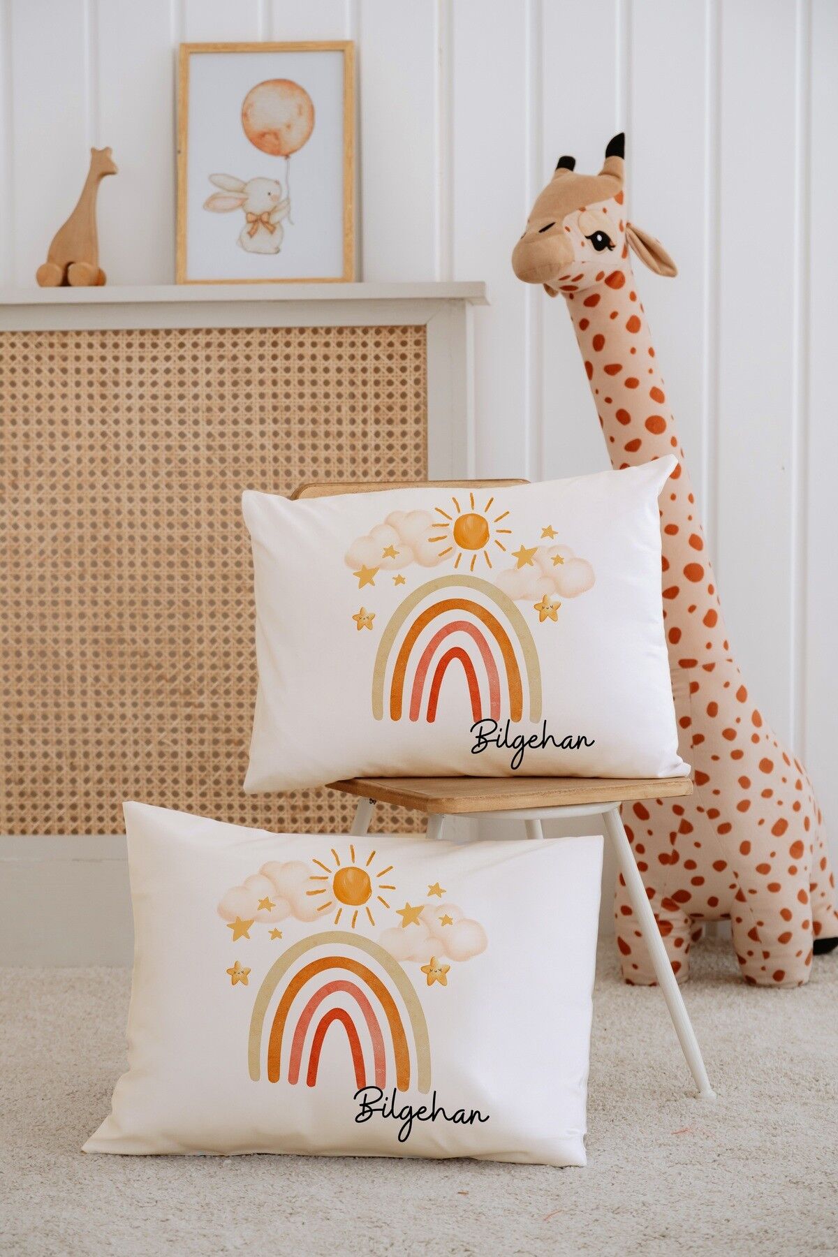 %100 Pamuk İsme Özel 2li Ekru Bebek Yastık Kılıfı 35x45 cm-Gökkuşağı