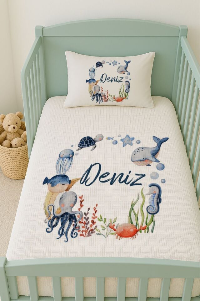 %100 Pamuk İsme Özel İsimli 100x150 cm Pike Seti Deniz Canlıları