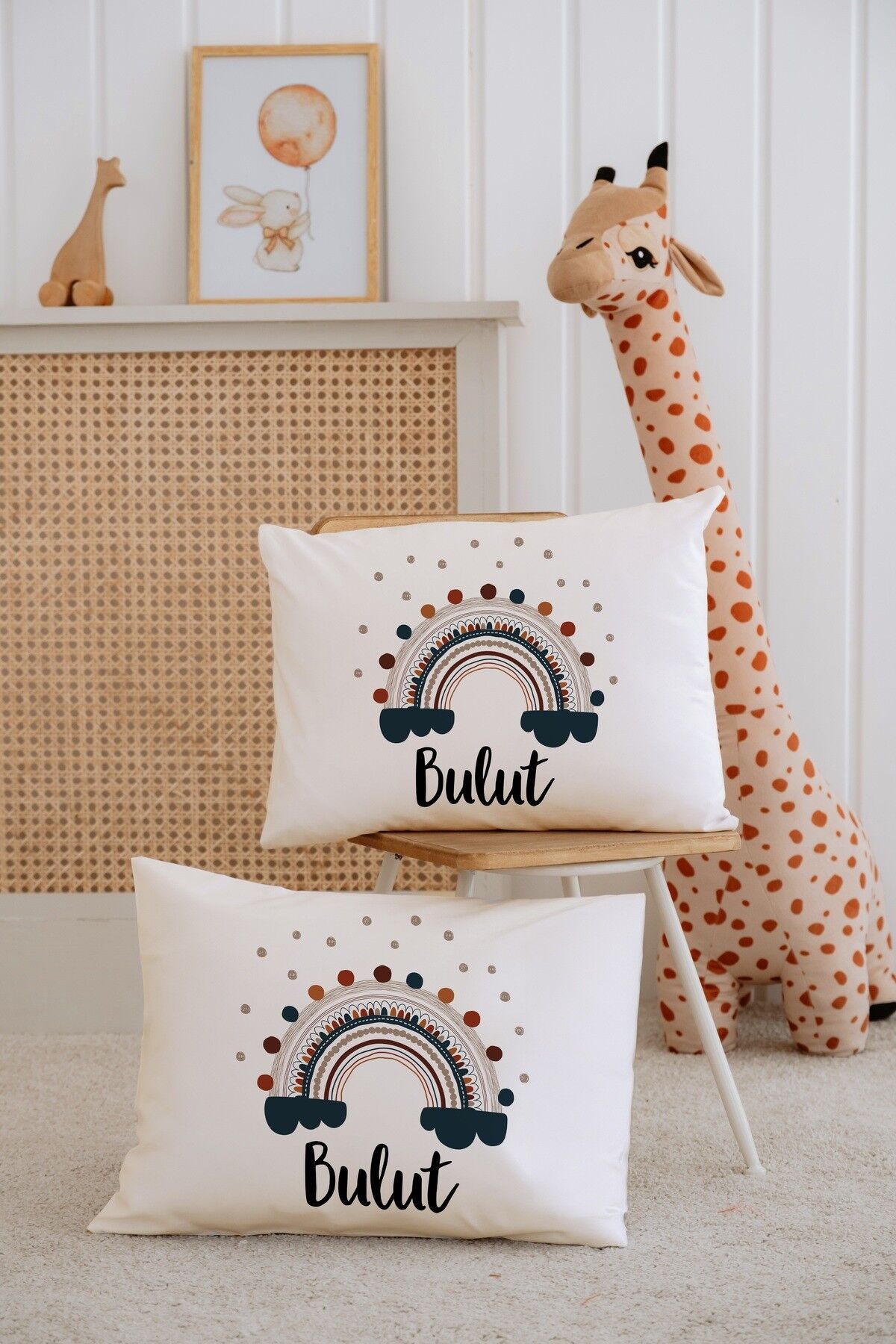 %100 Pamuk İsme Özel 2li Ekru Bebek Yastık Kılıfı 35x45 cm-Gökkuşağı