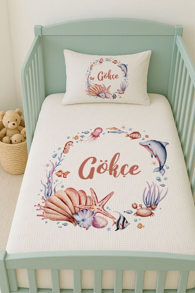 %100 Pamuk İsme Özel İsimli 100x150 cm Pike Seti Denizkabuğu ve Yunus
