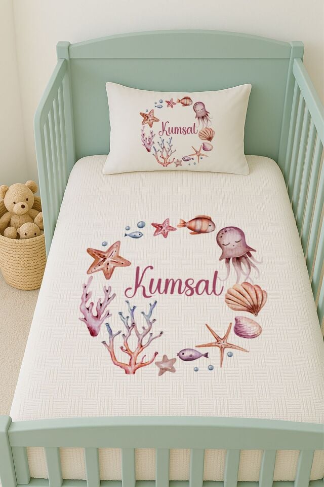 %100 Pamuk İsme Özel İsimli 100x150 cm Pike Seti Denizyıldızları ve Ahtapot