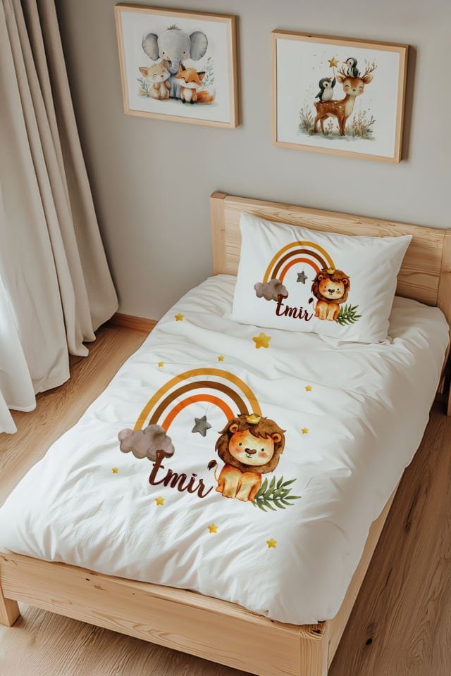 İsme Özel Tek Kişilik %100 Pamuk Çocuk Nevresim Takımı (160x220 cm) Gökkuşağı Aslan