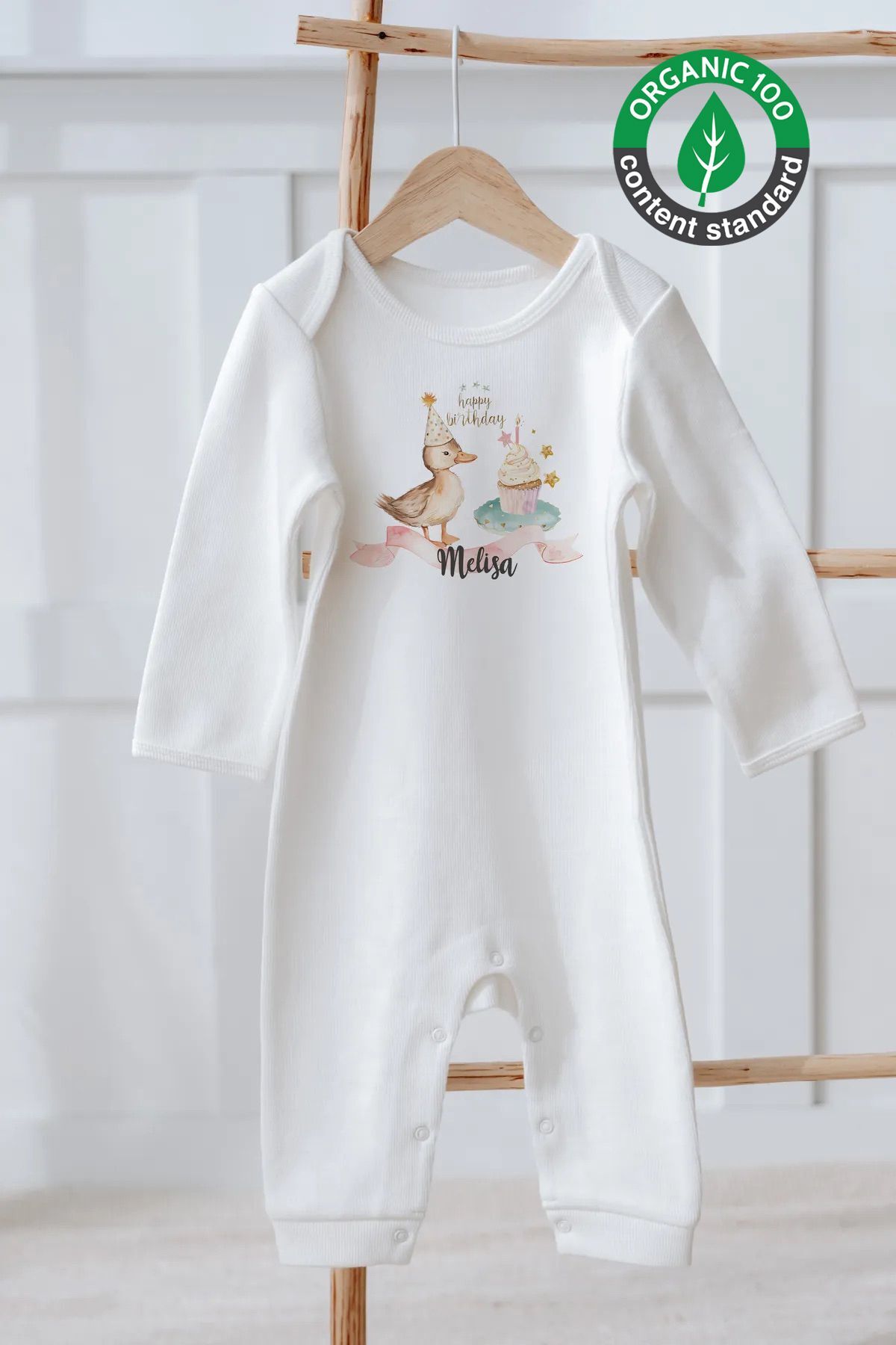 %100 Pamuk İsme Özel İsimli Doğum Günü Bebek Tulum Ördek