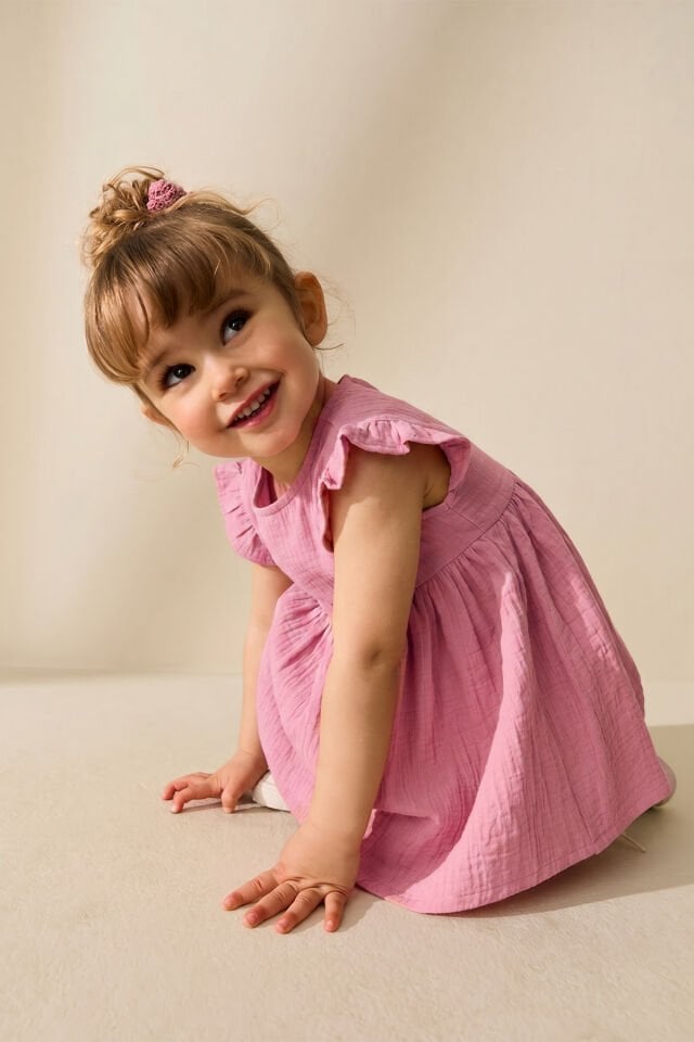 %100 Pamuk Müslin Bebek Zıbın Elbise Pembe