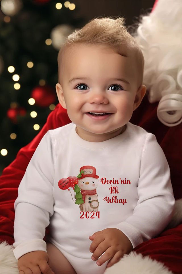 Liilabio %100 Organik Pamuk Uzun Kollu Yılbaşı Temalı Bebek Body Beyaz - 12-18 AY