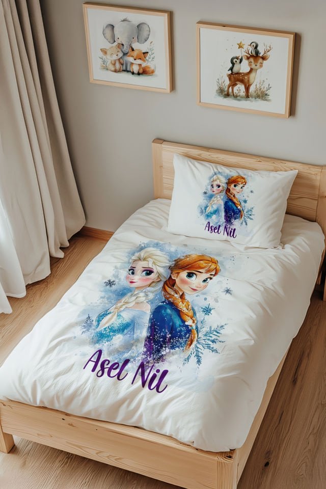 İsme Özel Tek Kişilik  Çocuk Nevresim Takımı (160x220 cm) Elsa ve Anna
