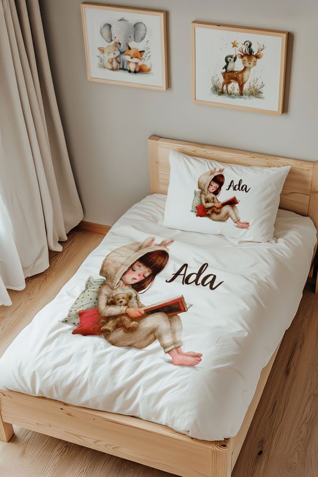 İsme Özel Tek Kişilik %100 Pamuk Çocuk Nevresim Takımı (160x220 cm) Kitap Okuyan Kız