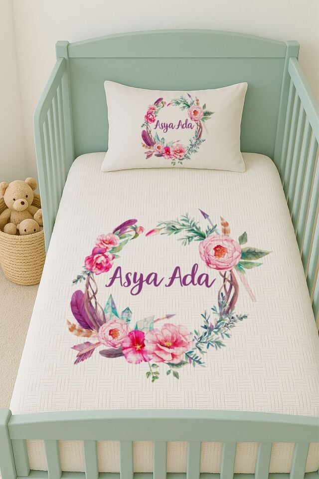 %100 Pamuk İsme Özel İsimli 100x150 cm Pike Seti Pembe Çiçek Çemberi