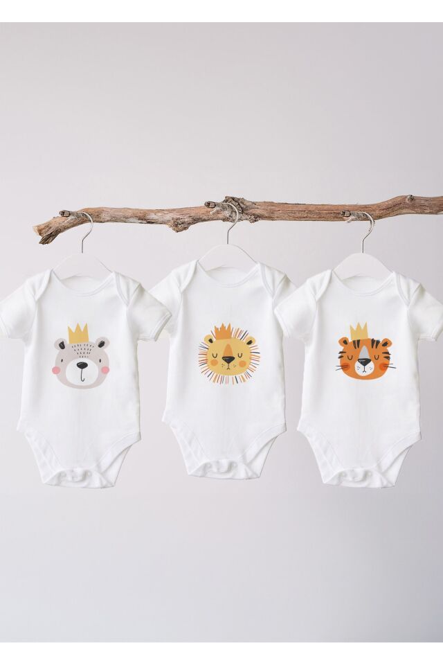 %100 Organik Pamuk 3lü Baskılı Kısa Kollu Bebek Body 3-6 AY - Beyaz