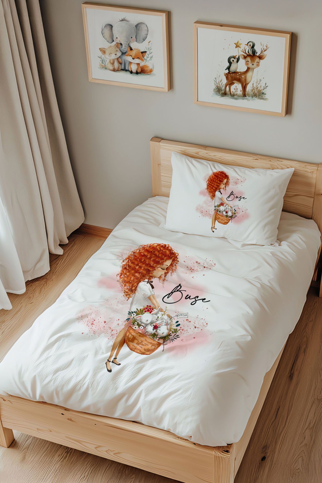 İsme Özel Tek Kişilik  Çocuk Nevresim Takımı (160x220 cm) Tavşanlı Kız