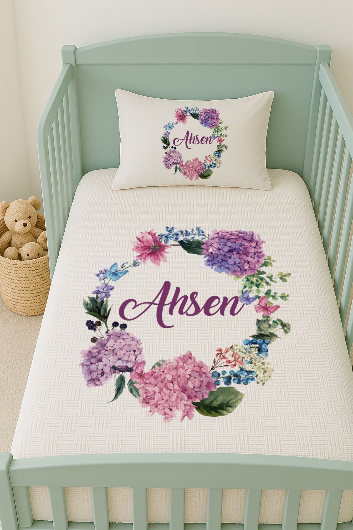 İsme Özel (100x150cm) Pike Seti Ortanca Çiçeği