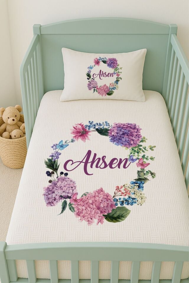 %100 Pamuk İsme Özel İsimli 100x150 cm Pike Seti Ortanca Çiçeği