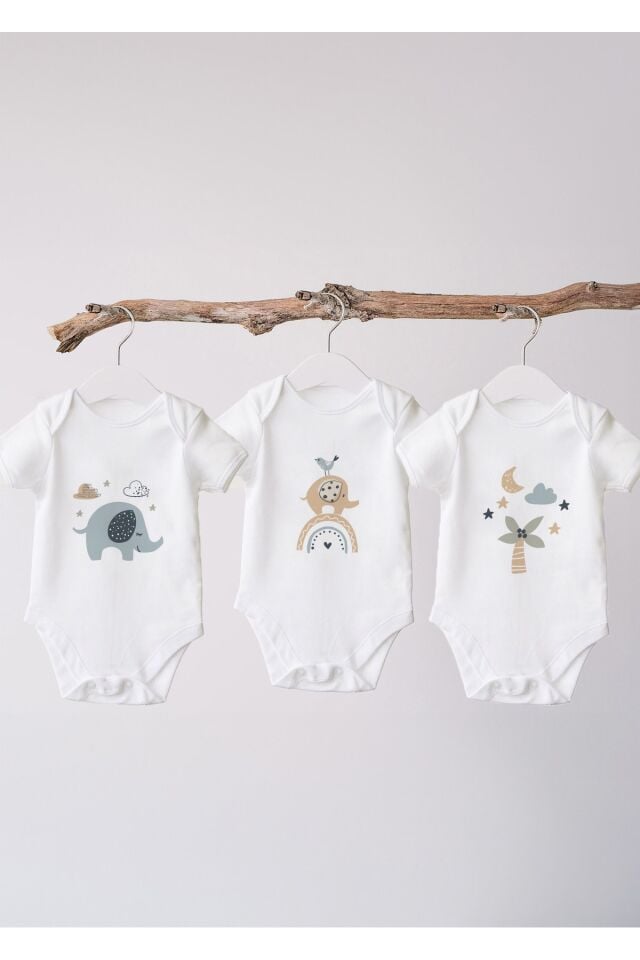 %100 Organik Pamuk 3lü Baskılı Kısa Kollu Bebek Body