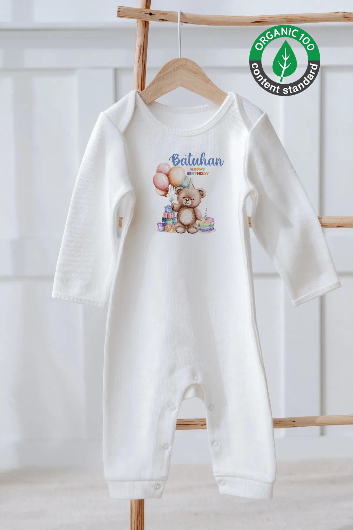 %100 Pamuk İsme Özel İsimli Doğum Günü Bebek Tulum Balonlu Ayıcık ve Pasta