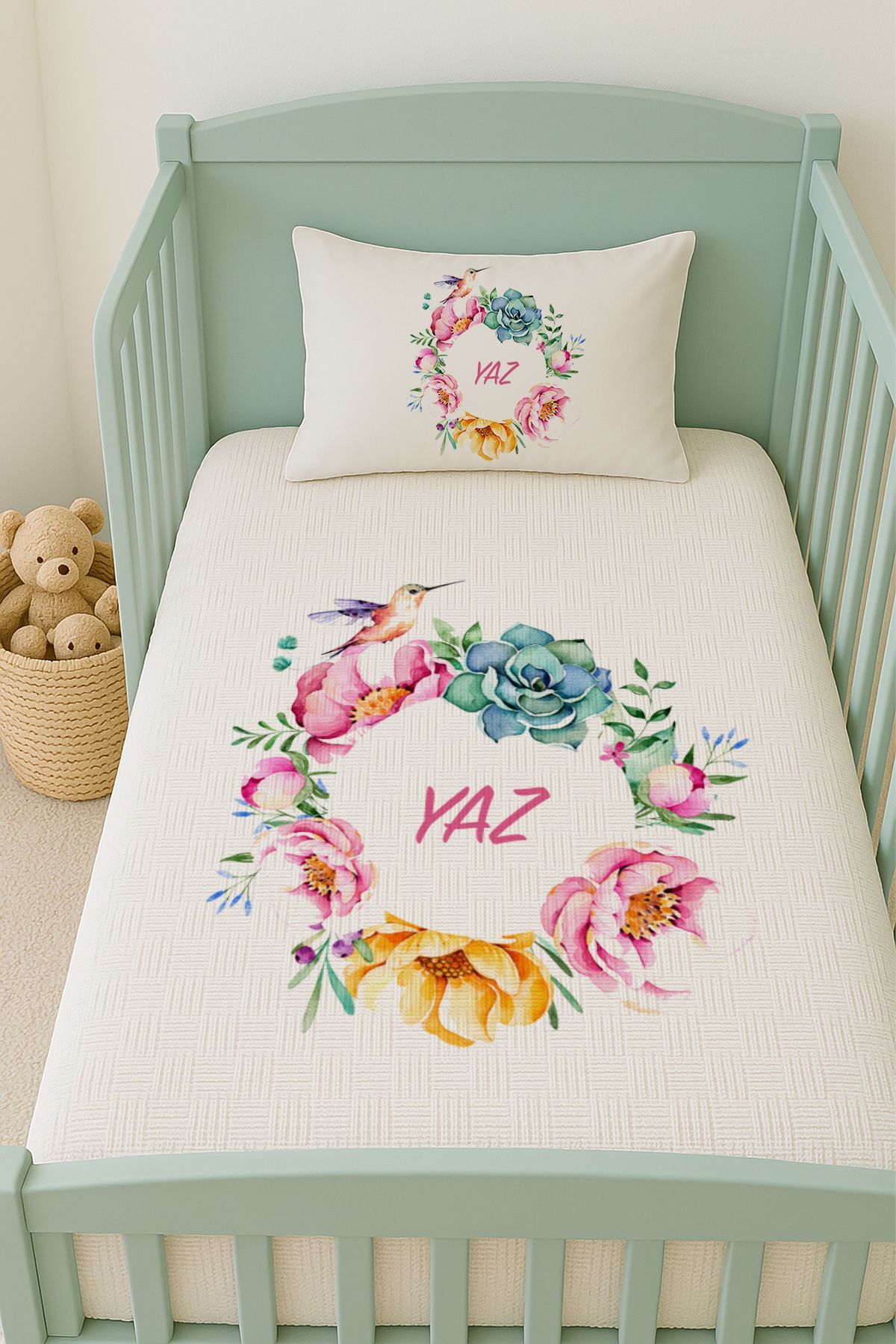 İsme Özel (100x150cm) Pike Seti Kuşlu Çiçek Çemberi