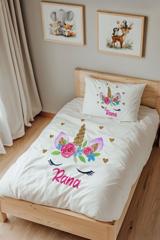 İsme Özel Tek Kişilik %100 Pamuk Çocuk Nevresim Takımı (160x220 cm) Unicorn
