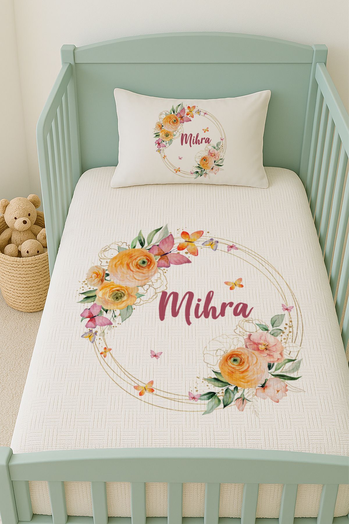 İsme Özel (100x150cm) Pike Seti Sarı Çiçek Çemberi