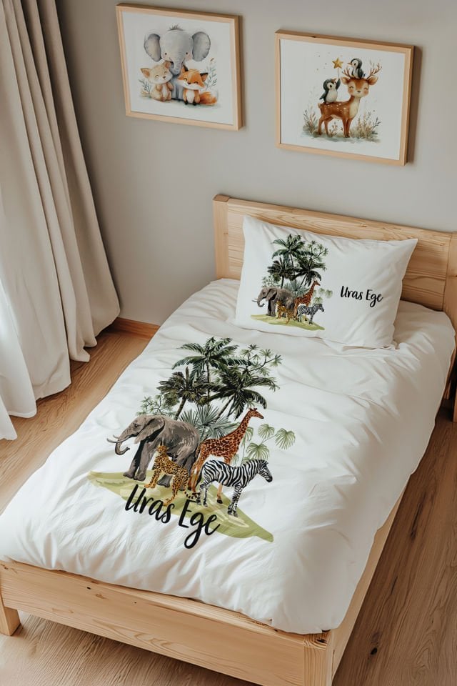 İsme Özel Tek Kişilik %100 Pamuk Çocuk Nevresim Takımı (160x220 cm) Safari