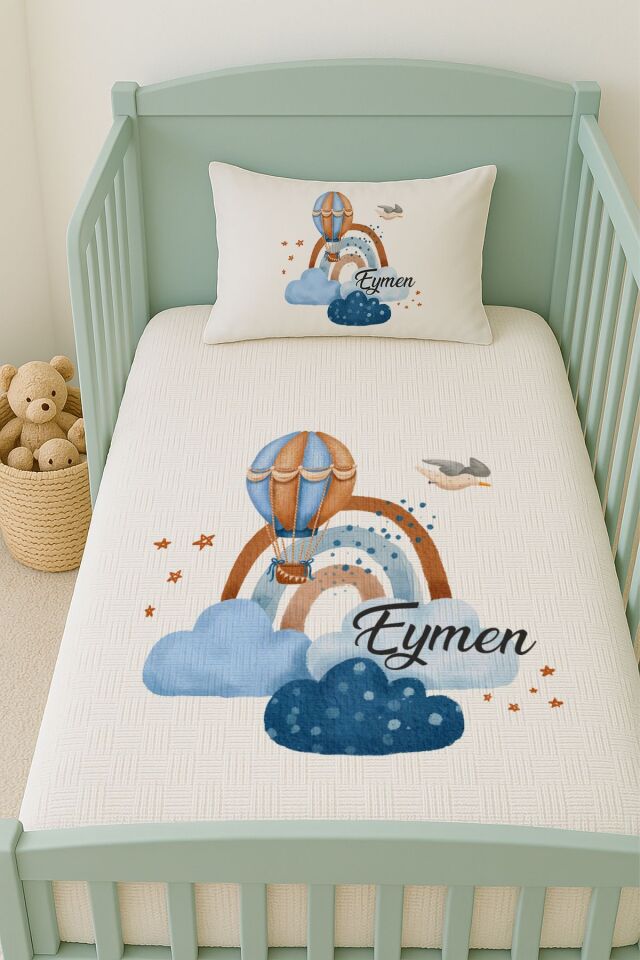 %100 Pamuk İsme Özel İsimli 100x150 cm Pike Seti Gökkuşağı Mavi Bulutlar Balon