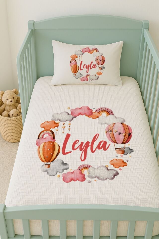 %100 Pamuk İsme Özel İsimli 100x150 cm Pike Seti Pembe Balon ve Bulutlar