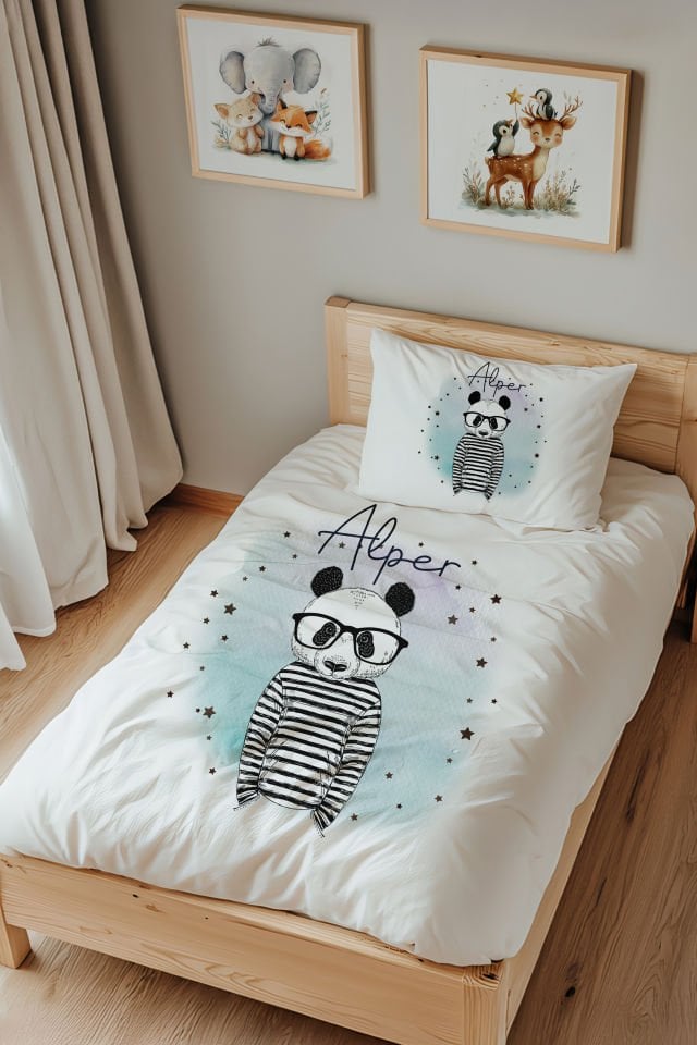İsme Özel Tek Kişilik  Çocuk Nevresim Takımı (160x220 cm) Panda