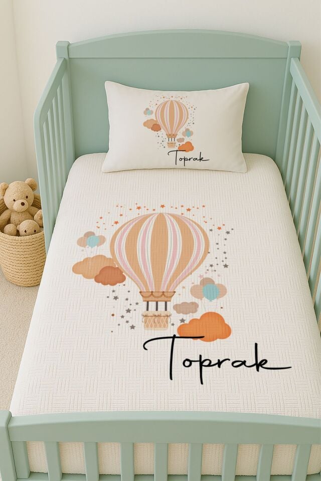%100 Pamuk İsme Özel İsimli 100x150 cm Pike Seti Turuncu Balon