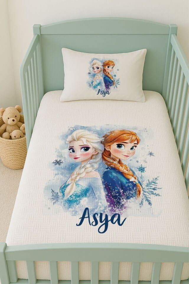 %100 Pamuk İsme Özel İsimli 100x150 cm Pike Seti Elsa ve Anna