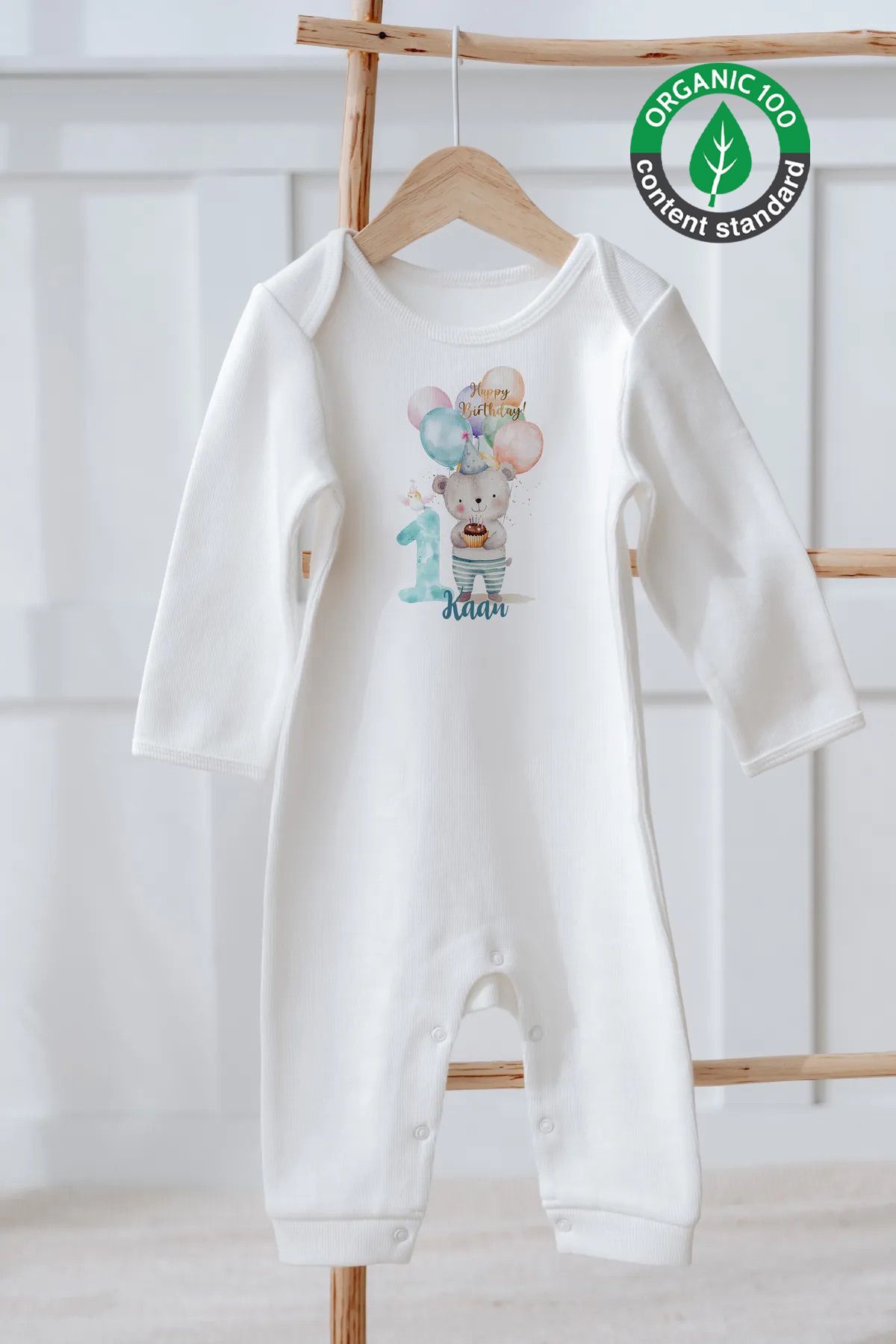 %100 Pamuk İsme Özel İsimli Doğum Günü Bebek Tulum 1 Yaş Pijamalı Ayıcık