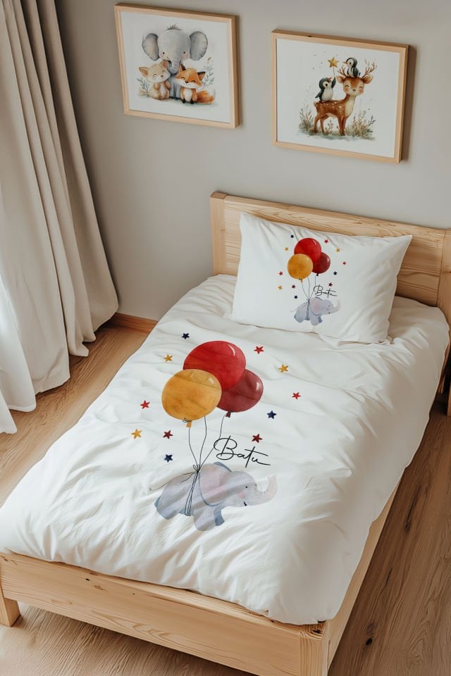 İsme Özel Tek Kişilik %100 Pamuk Çocuk Nevresim Takımı (160x220 cm) Balonlu Fil