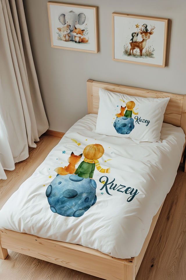 İsme Özel Tek Kişilik %100 Pamuk Çocuk Nevresim Takımı (160x220 cm) Küçük Prens