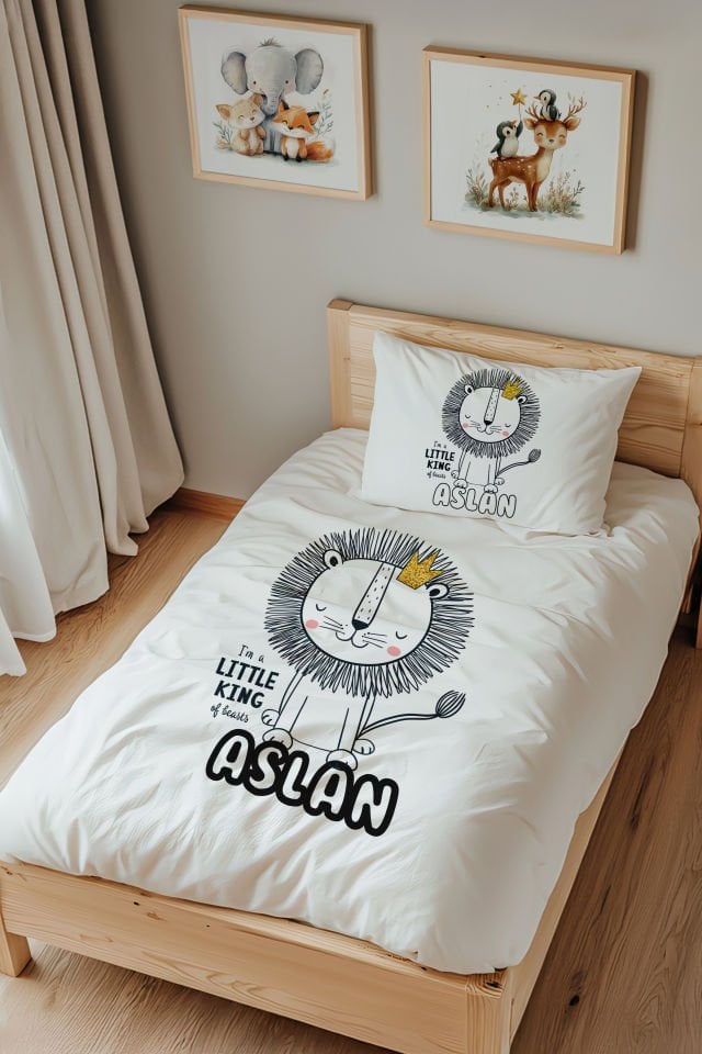 İsme Özel Tek Kişilik  Çocuk Nevresim Takımı (160x220 cm) Çizgi Aslan