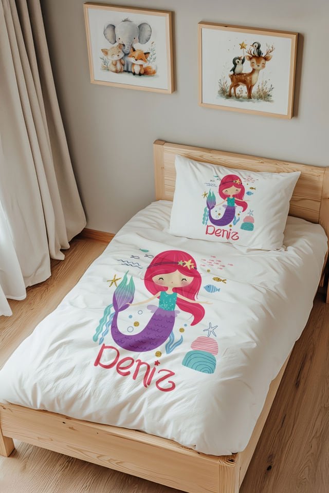 İsme Özel Tek Kişilik %100 Pamuk Çocuk Nevresim Takımı (160x220 cm) Denizkızı