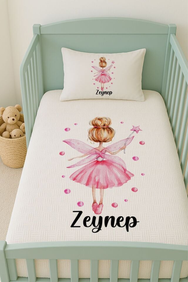 %100 Pamuk İsme Özel İsimli 100x150 cm Pike Seti Pembe Peri