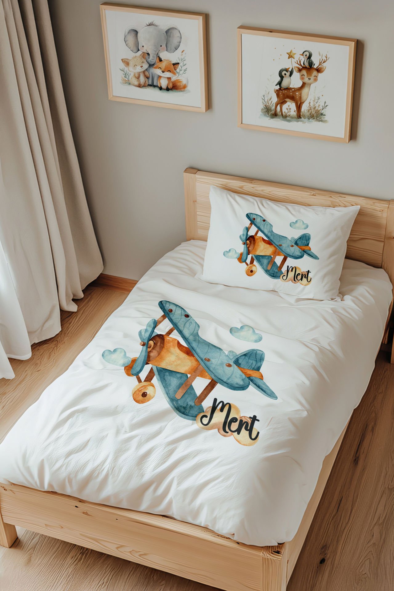 İsme Özel Tek Kişilik  Çocuk Nevresim Takımı (160x220 cm) Uçak