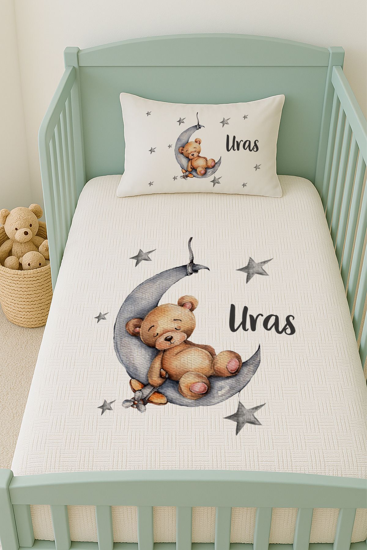 İsme Özel (100x150cm) Pike Seti Ayda Uyuyan Ayıcık