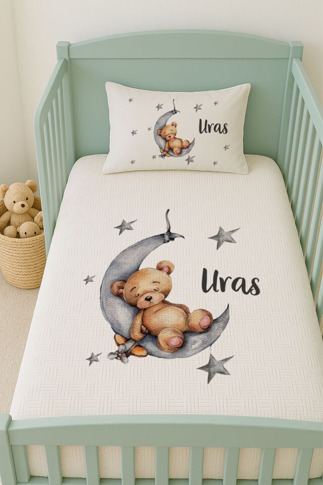 İsme Özel (100x150cm) Pike Seti Ayda Uyuyan Ayıcık