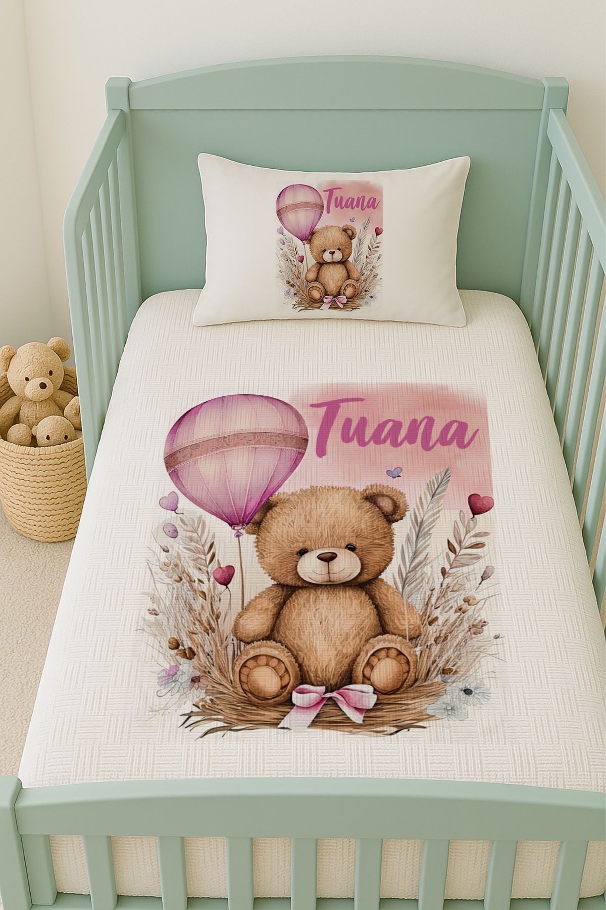 İsme Özel (100x150cm) Pike Seti Pembe Balonlu Ayıcık