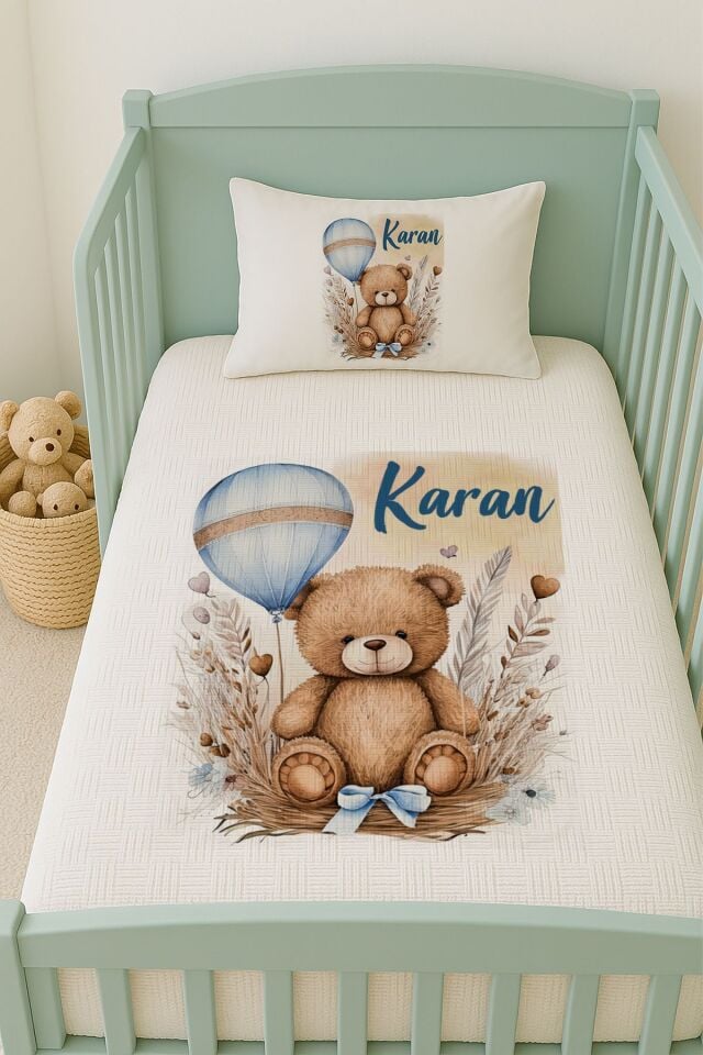 %100 Pamuk İsme Özel İsimli 100x150 cm Pike Seti Mavi Balonlu Ayıcık
