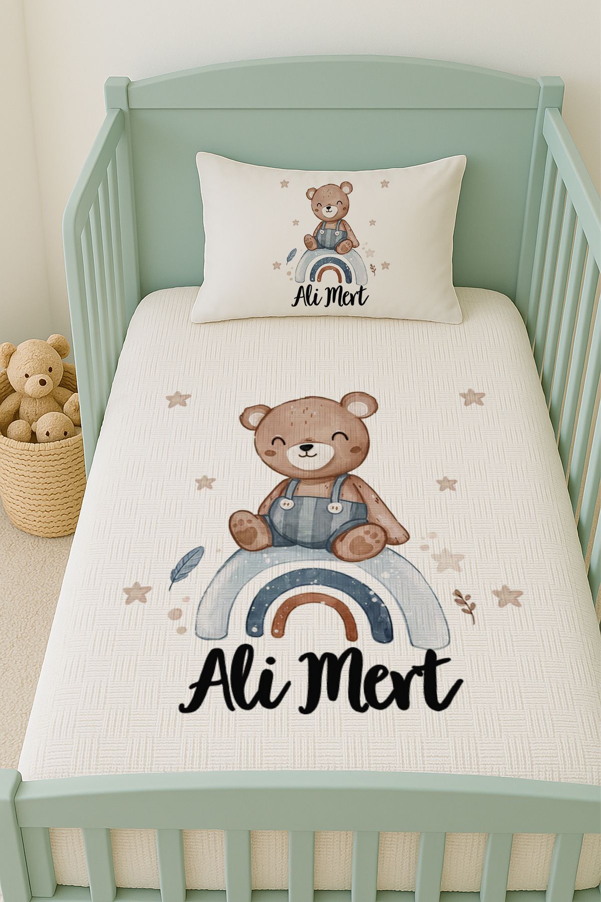 İsme Özel (100x150cm) Pike Seti Gökkuşağı ve Ayıcık