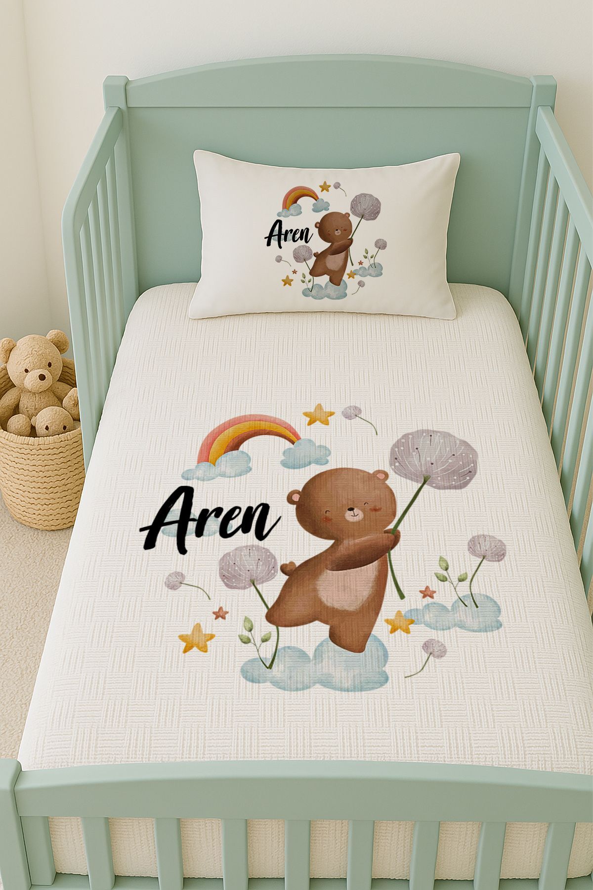 İsme Özel (100x150cm) Pike Seti Çiçekli Ayıcık